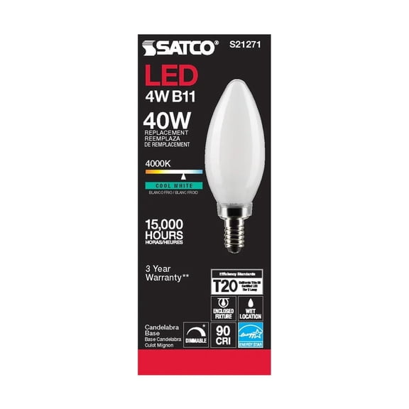 4 Watt B11 LED - Frost - Candelabra base - 90 CRI - 4000K - 120 Volt -  6 Pack