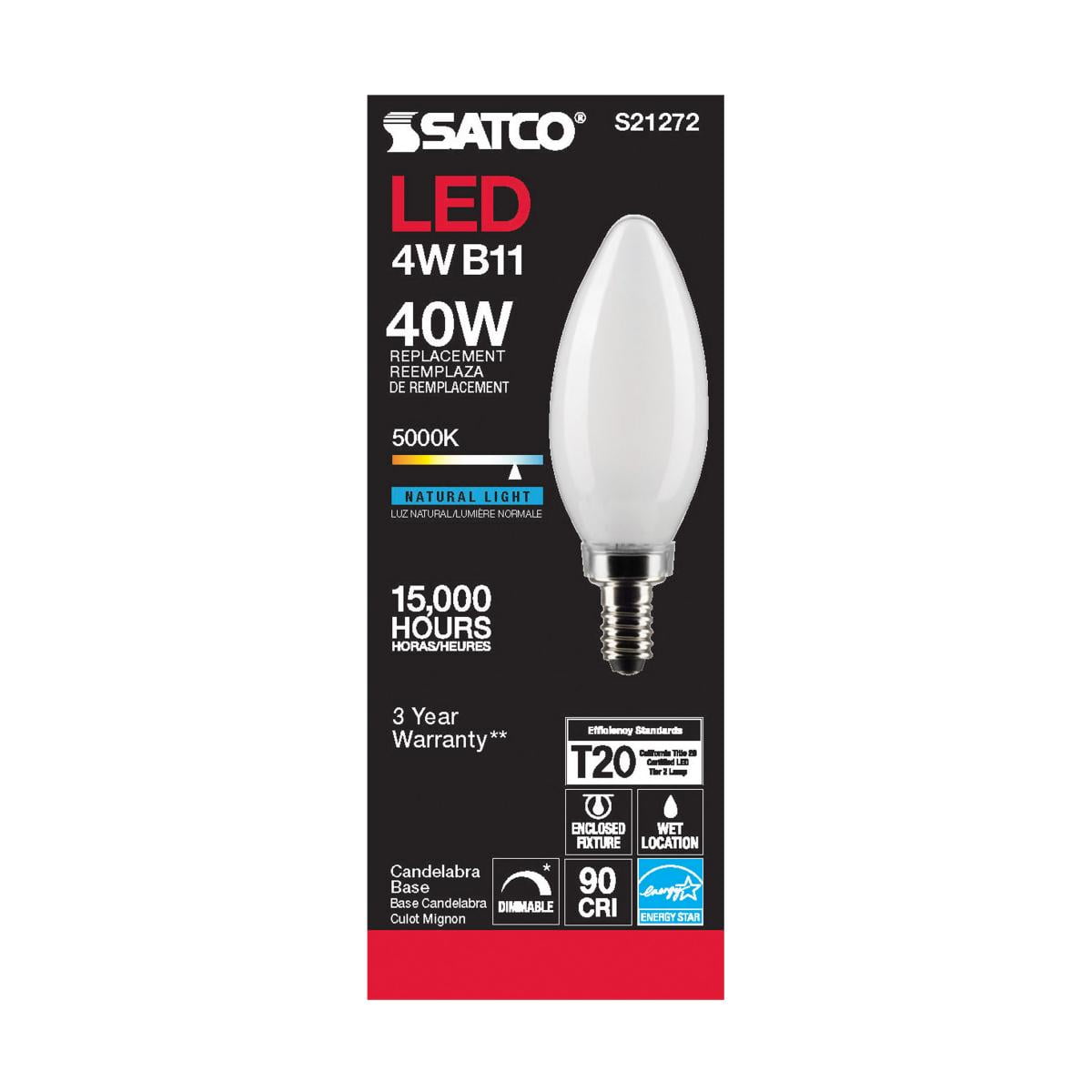 Satco S21272 Frosted LED B11 Light Bulbs 4W 120V 5000K E12 Candelabra Base Dimmable (6 Pack)
