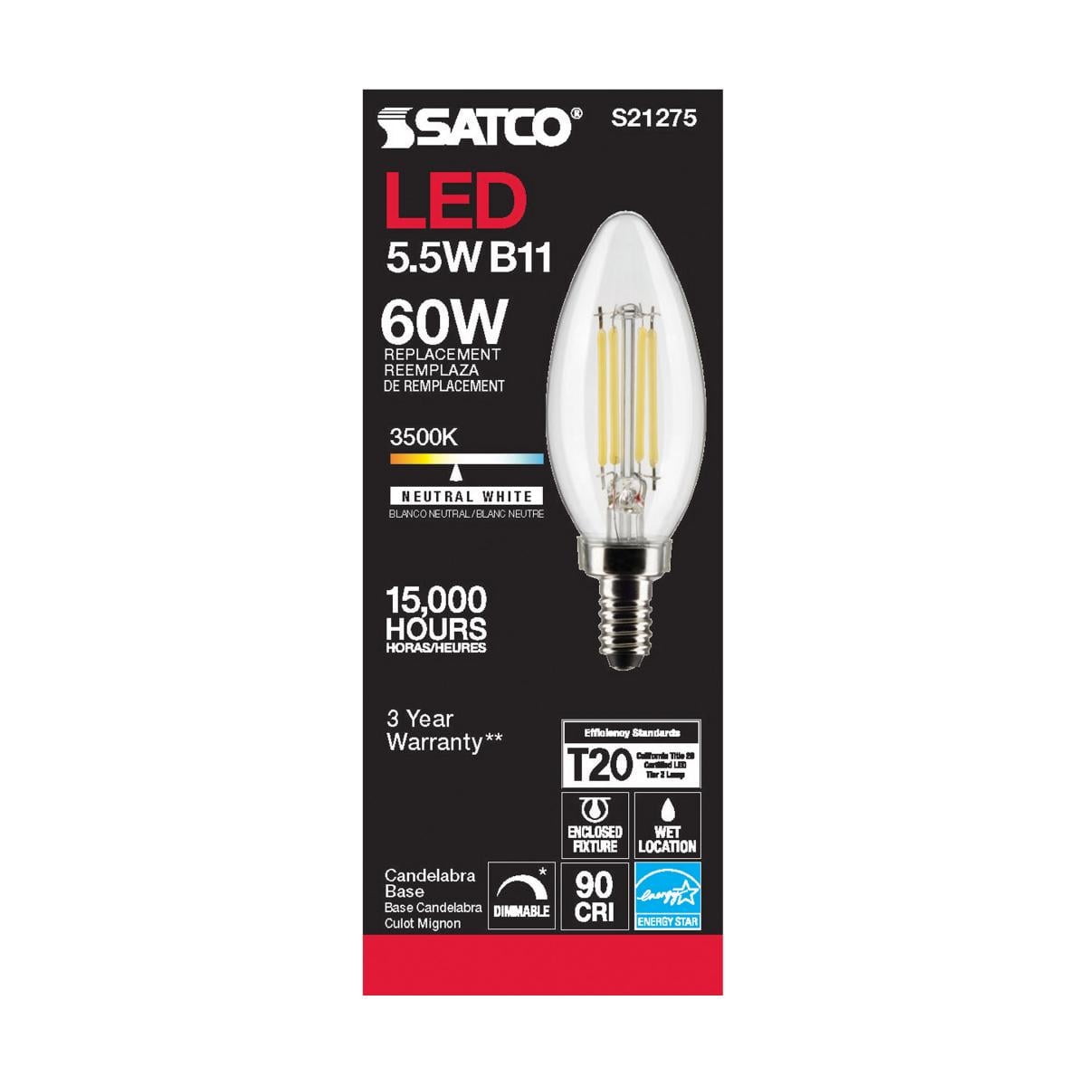 5.5W B11 LED - Clear - Candelabra base - 90 CRI - 3500K - 120V - 6-Pack.Color:Clear,Pack QTY:6