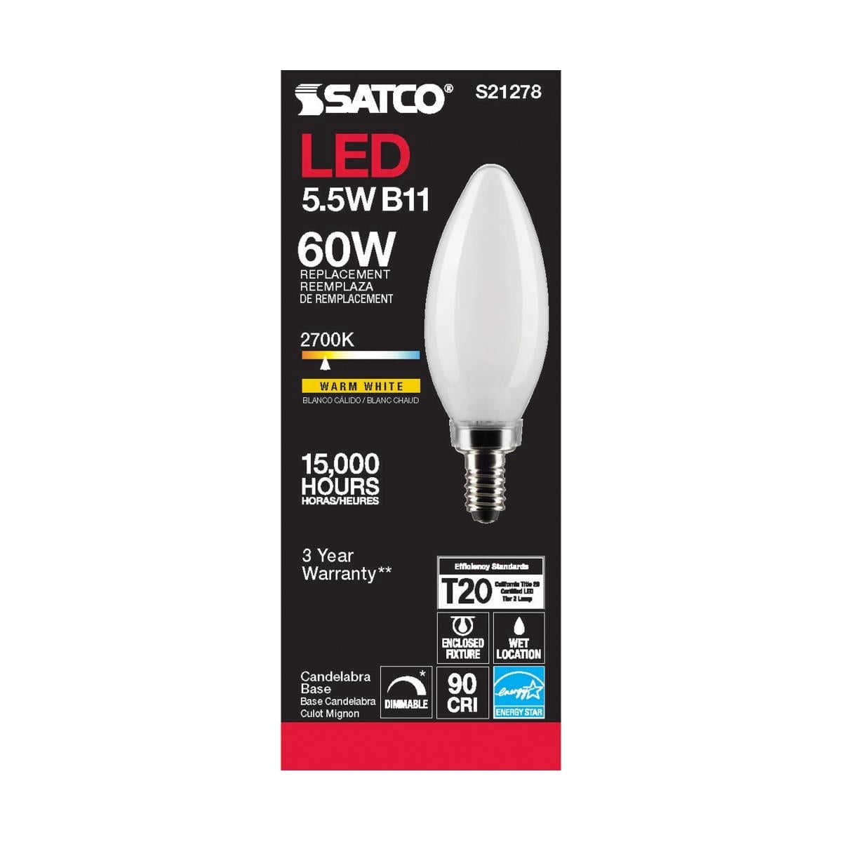 SATCO S21278 5.5W 120V B11 2700K 500 Lumen LED E12 Candelabra Base Light Bulb Dimmable (6 Pack)