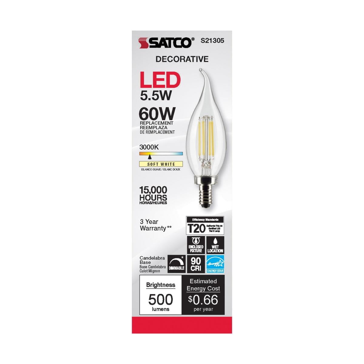 SATCO S21305 5.5W 120V CA10 3000K 500 Lumen LED E12 Candelabra Base Light Bulb Dimmable (6 Pack)
