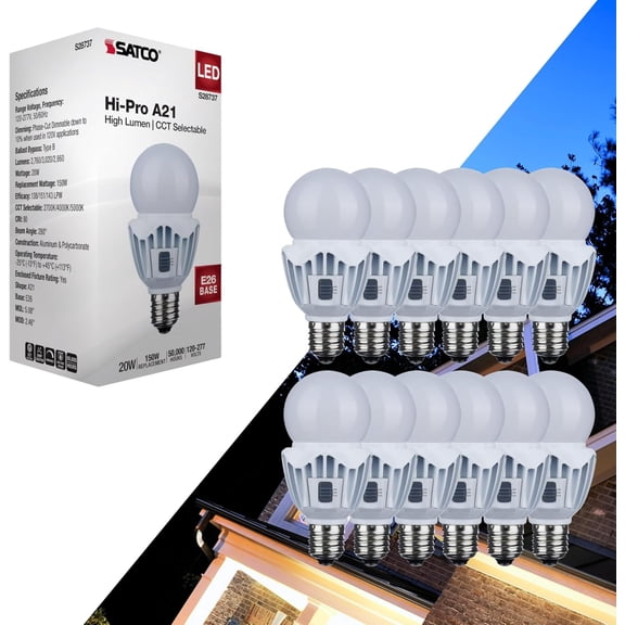 SATCO S28737 High Lumen A21 LED Light Bulb 20Watt 120-277V CCT Select E26 Medium Base Dimmable (12 Pack)