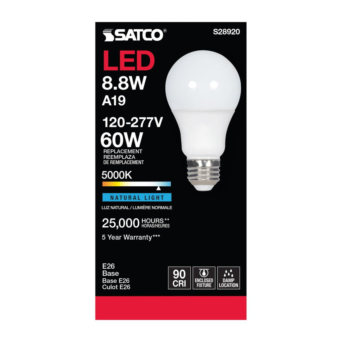 Satco  S28920 8.8W 120V LED A19 Light Bulbs 5000K 800L E26 Medium Base (6 Pack)