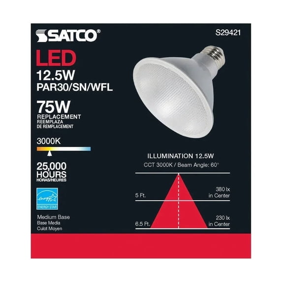 12.5W - PAR30SN LED - 3000K - 60 deg. Beam Angle - Medium base - 120V - 6-PACK