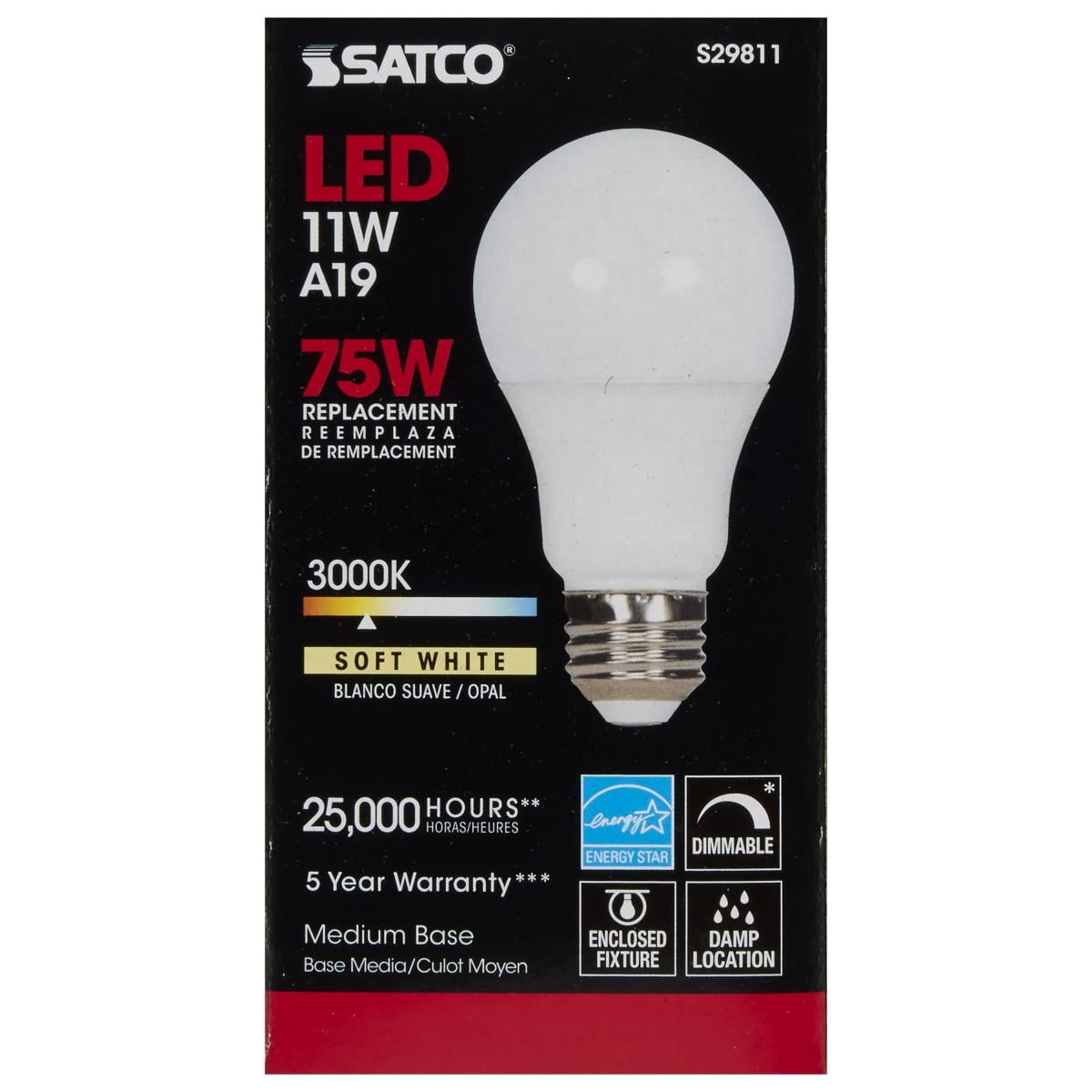 11 Watt - A19 LED - 3000K - Medium base - 220 deg. Beam Angle - 120 Volt - 6-Pack.Color:Frost,Case QTY:6