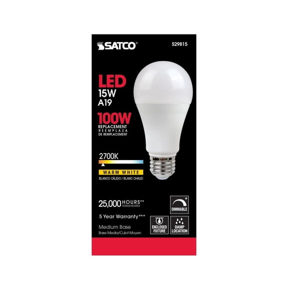 Satco S29815 15W A19 LED Bulb, E26 Medium Base, Frosted, 2700K, 120V, Dimmable, 6 Pack