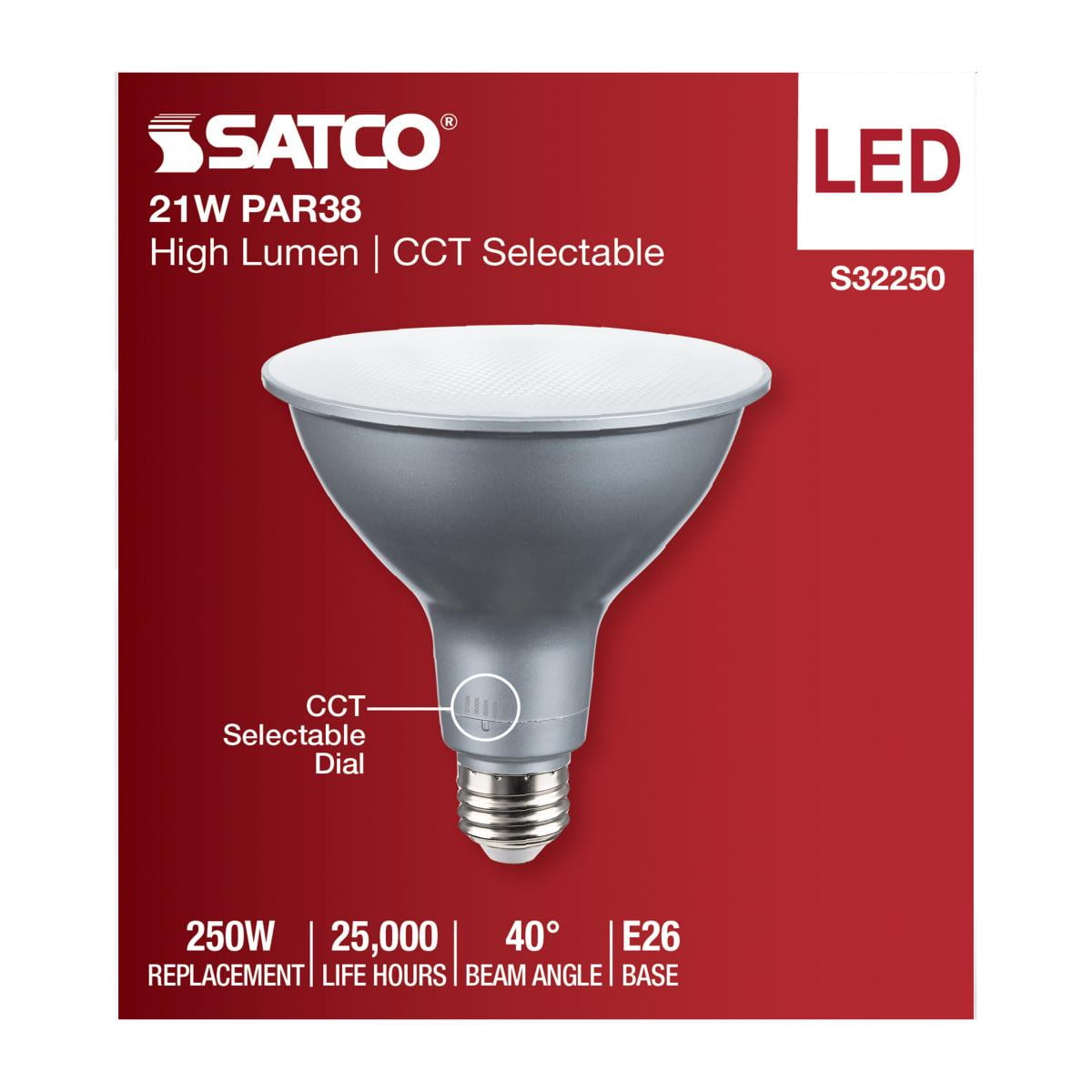 SATCO S32250 21W 120V PAR38 High Lumen LED Light Bulb CCT Select CA