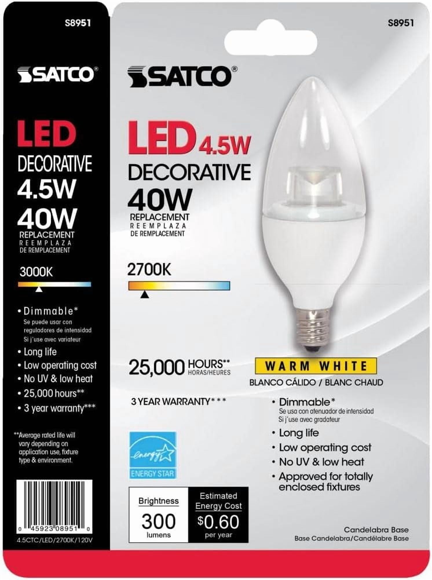Satco S8951 LED B11 Light Bulbs 4.5W 120V 2700K E12 Candelabra Base Dimmable (12 Pack)