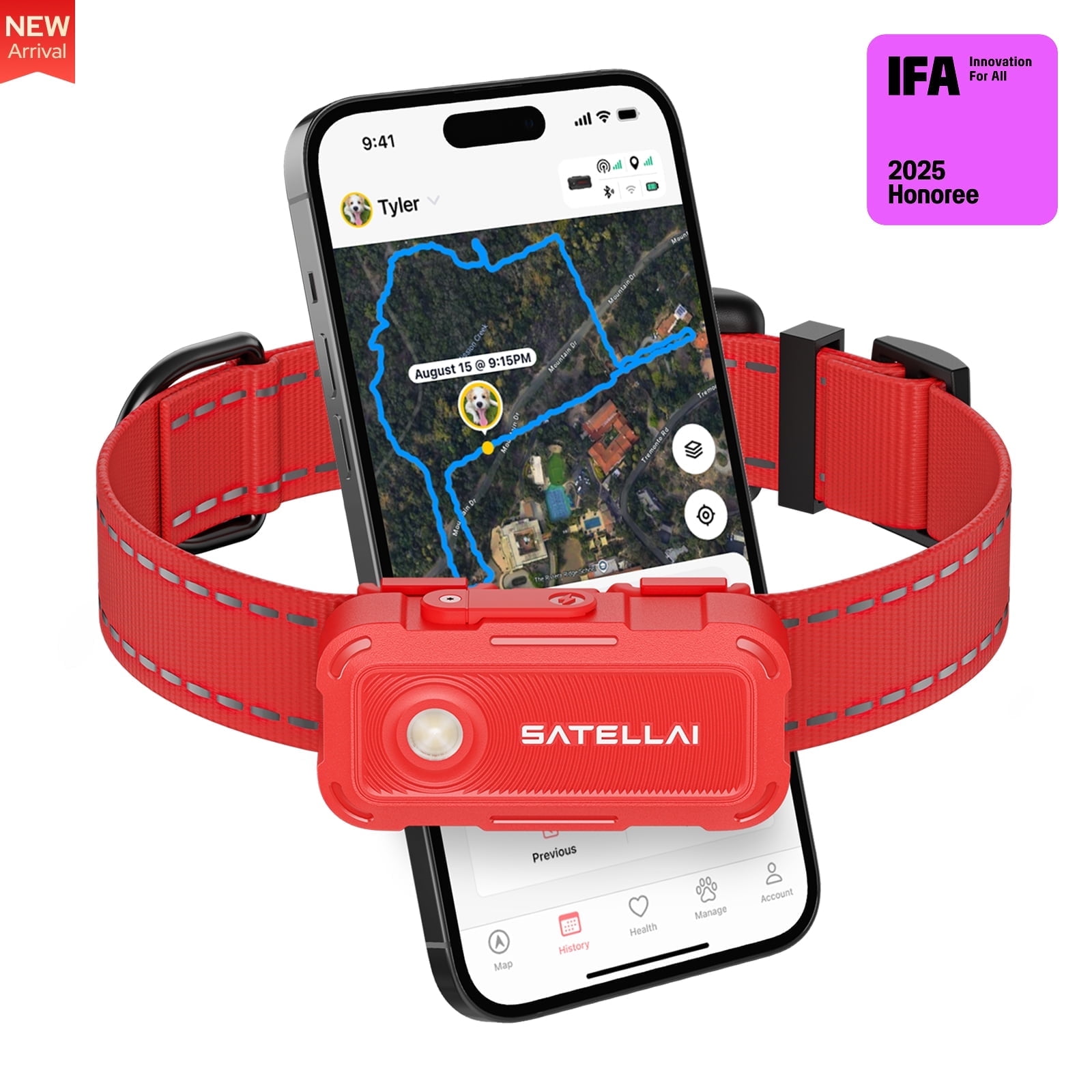 SATELLAI Collar Go, Smart Wireless Fence GPS Dog Collar, Live Tracking & Health Monitoring(Candy Apple Red), L(17"-26")