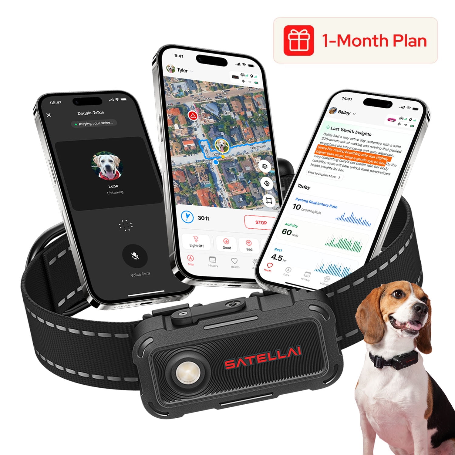 SATELLAI Collar Go Smart GPS Dog Tracker with AI-Powered Pet Intelligence, Real-Time Location Tracking, Virtual Boundaries, Escape Alerts, Two-Way Audio, Health Monitoring, IP68 Waterproof