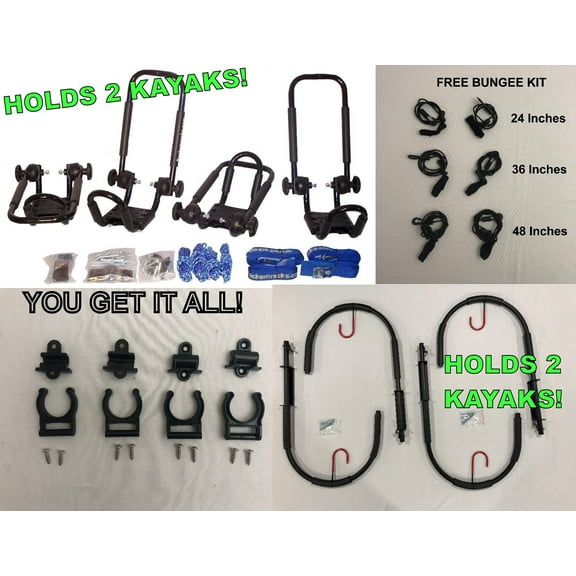 SATIN BLACK FOLDING J-STYLE KAYAK RACK ROOF TOP AND WALL CARRIER BUNDLE