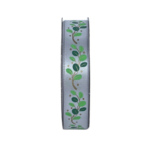 Gwen Studios 5/8" Green Leaf on White Satin Ribbon, 3 yards