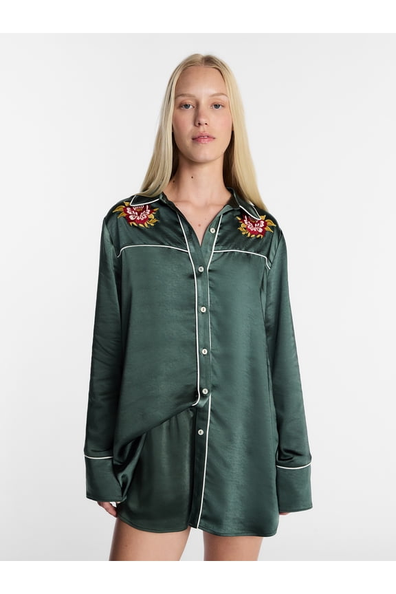 Women's Satin Sleep Shirt with Long Sleeves, Size XS-XXL