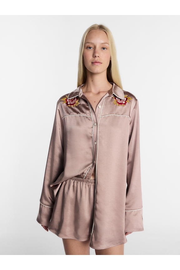 Women's Satin Sleep Shirt with Long Sleeves, Size XS-XXL