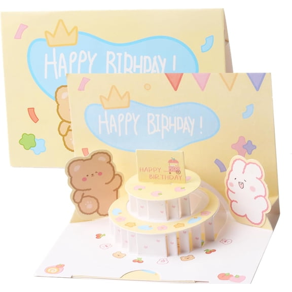 SATONA 3D Pop Up Birthday Card Cute Bear & Bunny Cake Design with Stickers, Envelope & Blank Notecard Foldable Birthday Surprise for Kids & Friends (Yellow)