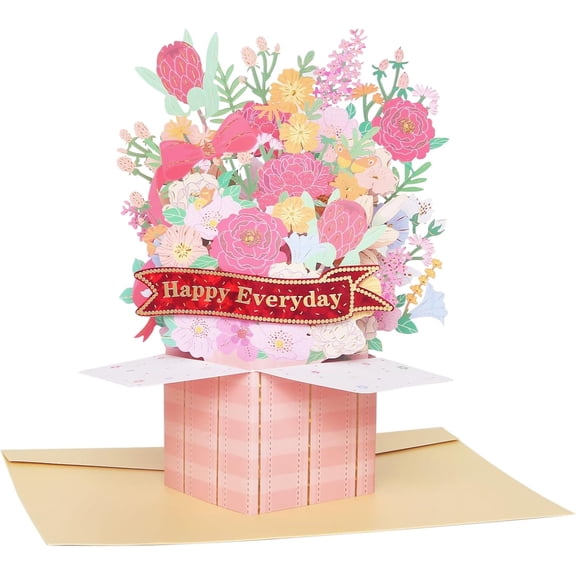 SATONA 3D Pop-Up Blooming Flower Greeting Card, Pink Gift Box Floral Bouquet Design with Envelope, Elegant Laser-Cut Card for Birthdays, Thank You and Everyday Wishes