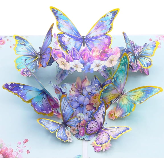 SATONA 3D Pop-Up Butterfly Greeting Card, Aurora Blue Floral Design with Gold Foil Details, Envelope and Message Space