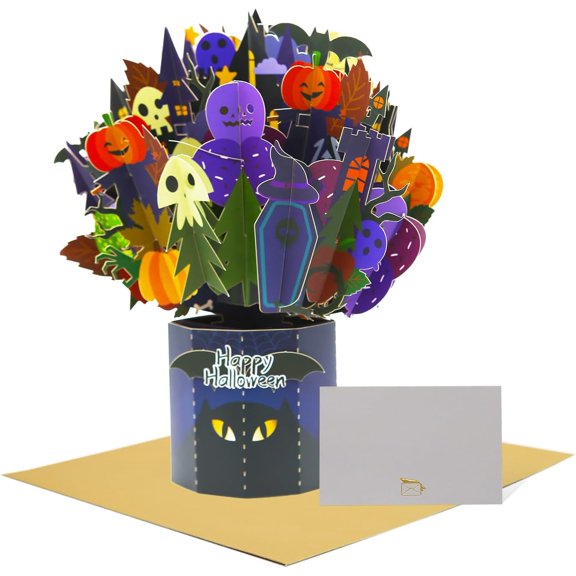 SATONA 3D Pop-Up Halloween Greeting Card, Dark Blue Spooky Bouquet Display with Note Card and Envelope