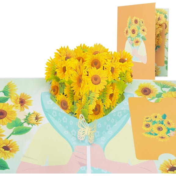 SATONA 3D Pop-Up Sunflower Greeting Card, Hand-Held Yellow Flower Bouquet Design with Envelope & Message Insert, Beautiful Card for Birthday, Thank You and Anniversary