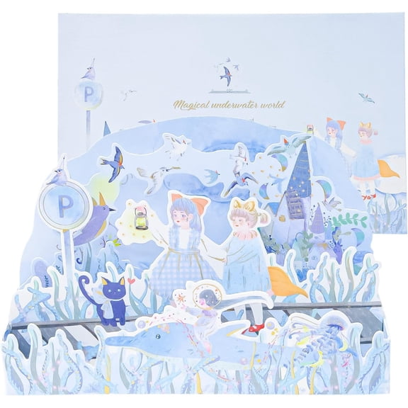 SATONA 3D Pop-Up Underwater World Greeting Card, Ocean Scene with Girls, Dolphin and Cat, Envelope and Message Space