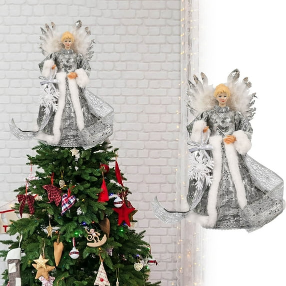 SATRINO Angel Tree Topper , 13.2 Inch Christmas Tree Topper Angel Lighted for Vintage Christmas Decoration, Gold & White