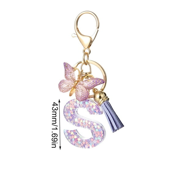 SATRINO Initial letter Keychains for Women Tassel Butterfly Pink Purple Cute Car Keychain for Wallet Backpack Bag Charm
