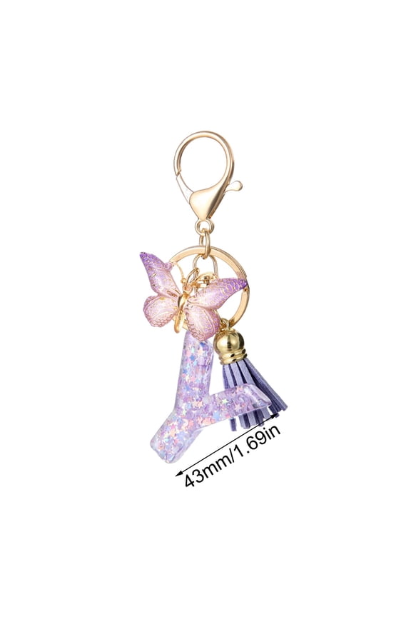 SATRINO Initial letter Keychains for Women Tassel Butterfly Pink Purple Cute Car Keychain for Wallet Backpack Bag Charm