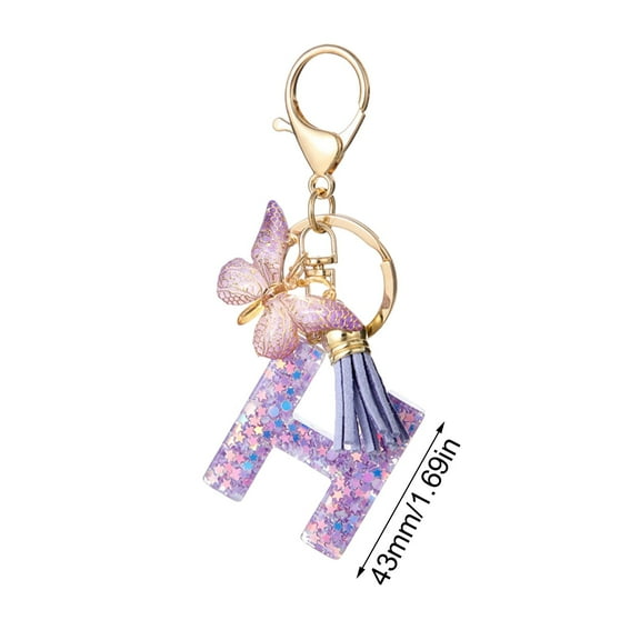 SATRINO Initial letter Keychains for Women Tassel Butterfly Pink Purple Cute Car Keychain for Wallet Backpack Bag Charm