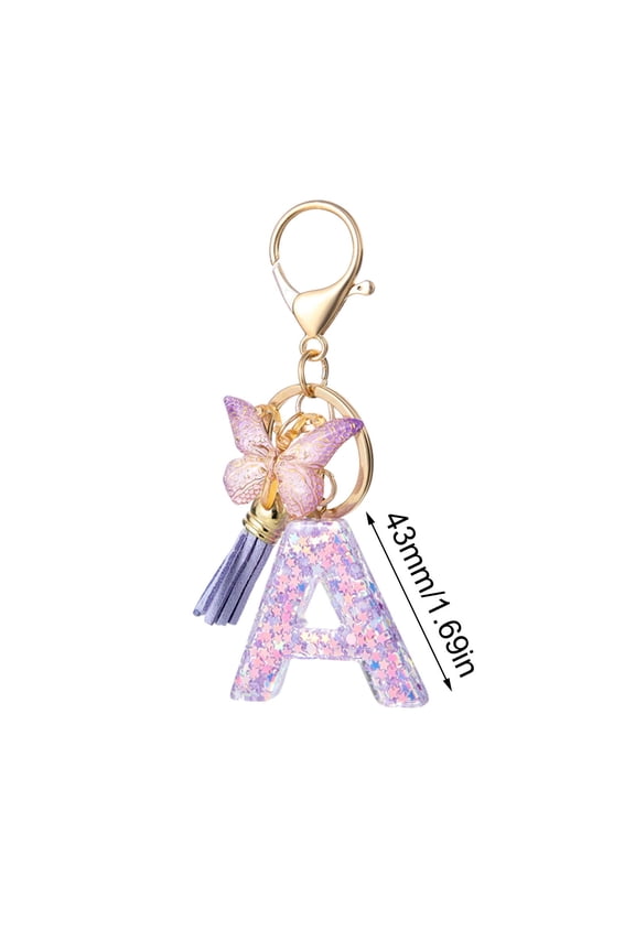 SATRINO Initial letter Keychains for Women Tassel Butterfly Pink Purple Cute Car Keychain for Wallet Backpack Bag Charm