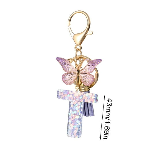 SATRINO Initial letter Keychains for Women Tassel Butterfly Pink Purple Cute Car Keychain for Wallet Backpack Bag Charm
