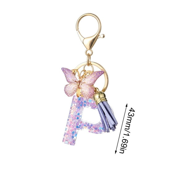 SATRINO Initial letter Keychains for Women Tassel Butterfly Pink Purple Cute Car Keychain for Wallet Backpack Bag Charm