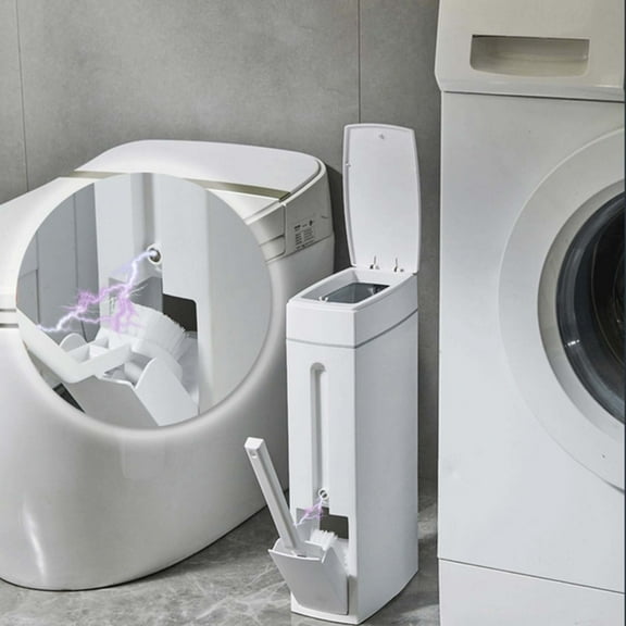 SATRINO Slim Bathroom Trash Can Toilet Brush Set, 4.5L Small Trash Can with Lid, Waste Bin Toilet Brush Holder Garbage Bag Tissue Box Holder 4 in 1 Bathroom Kit (White)