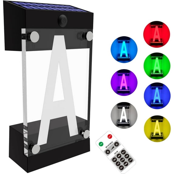 SATTULKE Acrylic Solar Address Sign,Seven Colors LED Illuminated Solar House Number Wall Mount for Exterior, Waterproof RGB Color Changing Remote,for Home Yard Garden(Letter A)