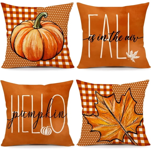 Fall Decor Pillow Covers 18x18 Set of 4 Thanksgiving Buffalo Check Farmhouse Decorations Dot Orange Pumpkin Maple Leaves Outdoor Decorative Throw Cushion Case for Home Couch