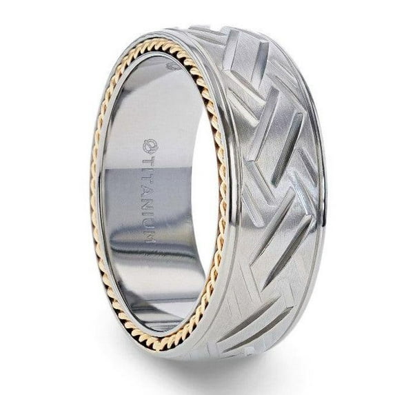 SATURN Woven Pattern Domed Titanium With Gold Braided Edges - 8mm