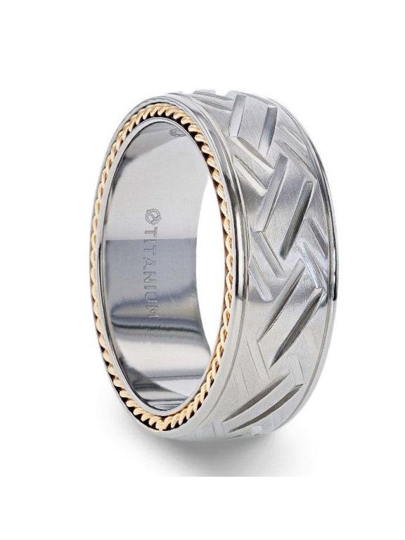 SATURN Woven Pattern Domed Titanium With Gold Braided Edges - 8mm