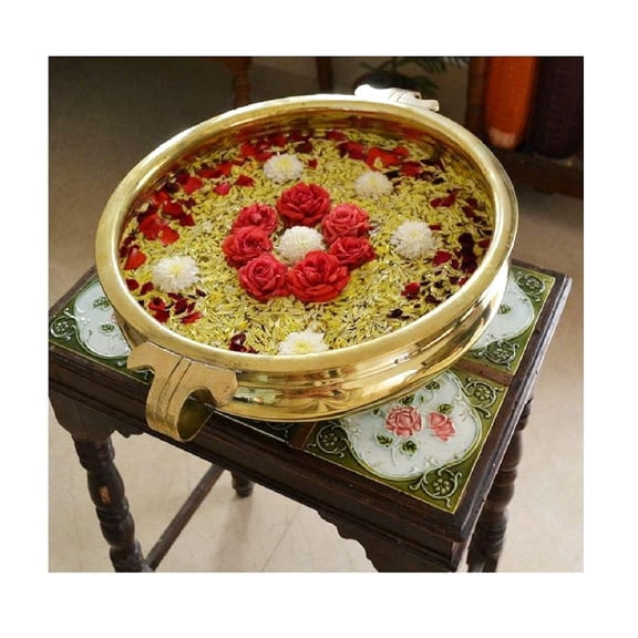 SATVIK 8 Inch Decorative Brass Designer Urli Bowl Floating Flower and Candle Holder for Home Decor Festive Decoration and Pooja Setup