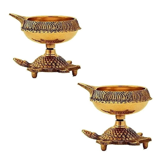 SATVIK Kuber Turtle Diya Set of 2 Handmade Brass Finish Oil Lamp for Diwali Pooja Home Temple and Festive Decor