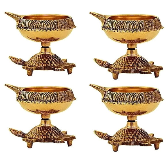 SATVIK Kuber Turtle Diya Set of 4 Handmade Brass Finish Oil Lamp for Diwali Pooja Home Temple and Festive Decor