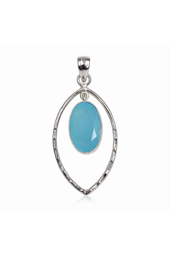 925 Sterling Silver Chalcedony Pendant for Women | Vintage Open Frame Drop Pendant | Oval Cut Gemstone | Handcrafted Statement Jewelry Gift for Birthday