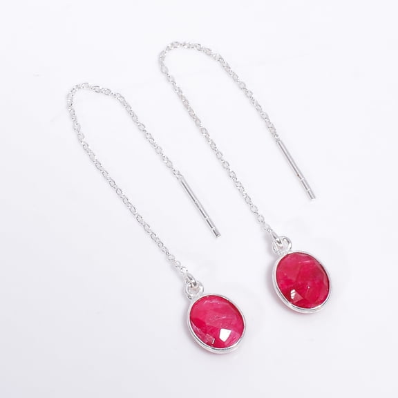 SATYAVIE JEWELLERY 925 Sterling Silver Earrings Oval Cut Ruby Gemstone Threader Drop Earrings for Women