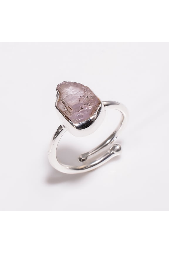 925 Sterling Silver Gemstone Ring, Natural Raw Kunzite Gemstone Adjustable Ring, Stackable Ring for Women