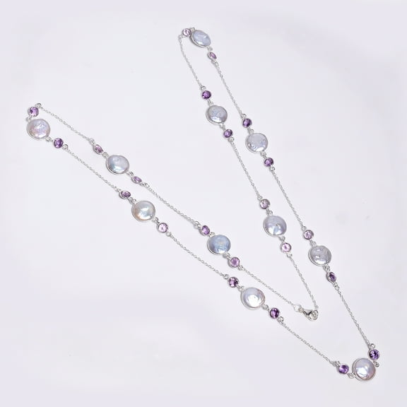 SATYAVIE JEWELLERY 925 Sterling Silver Long Chain Necklace, Pearl With Round Cut Amethyst Gemstone Necklace for Women