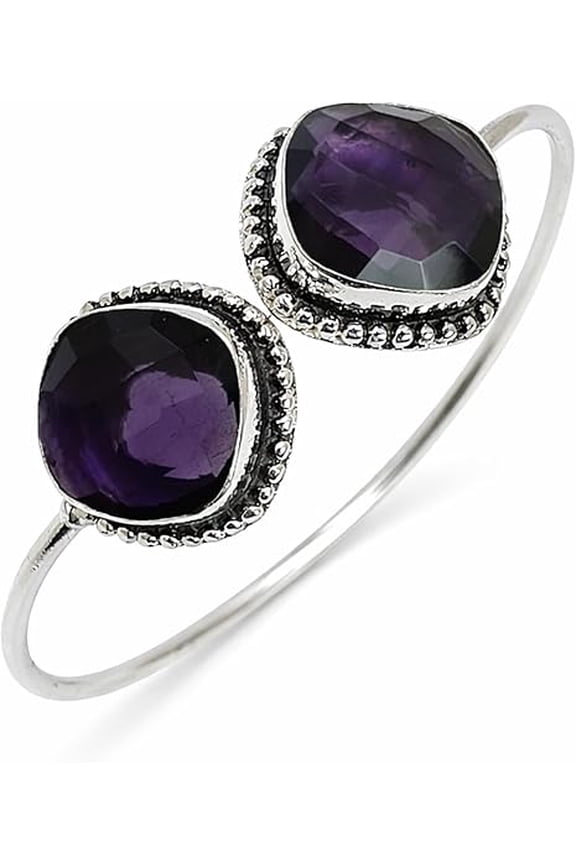 925 Sterling Silver Plated Amethyst Bangle for Women – Adjustable Open Cuff Bracelet – Cushion Shape Faceted Gemstone Classic Elegant Jewelry Gift for Birthday & Anniversary