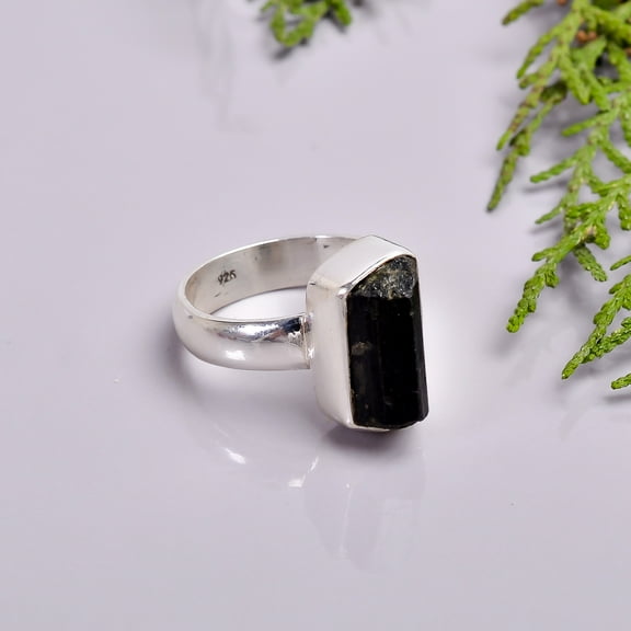 SATYAVIE JEWELLERY 925 Sterling Silver Ring, Natural Black Tourmaline Gemstone Ring, Handmade Silver Ring For Women
