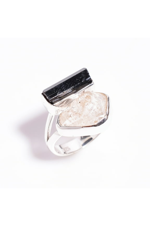 925 Sterling Silver Ring, Natural Herkimer Diamond Back Tourmaline Gemstone Ring, Handmade Silver Ring For Women