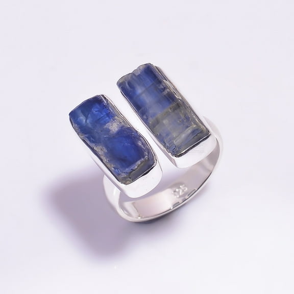 SATYAVIE JEWELLERY 925 Sterling Silver Ring Size US 5, Natural Raw Blue Kyanite Gemstone Ring Adjustable, Silver Handmade Rings for Women, Two-Stone Silver Ring