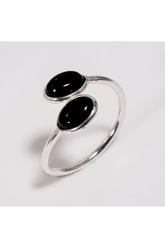 925 Sterling Silver Ring for Women, Natural Black Onyx Gemstone Ring Size US 6.5 Adjustable, Silver Minimalist Ring Handmade Jewelry