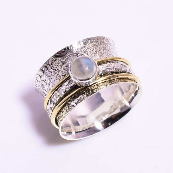 SATYAVIE JEWELLERY 925 Sterling Silver Ring for Women, Silver Meditation Ring, 6MM Natural Round Rainbow Moonstone Ring Size US 8, Silver Spinner Ring