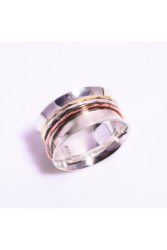 925 Sterling Silver Ring for Women, Silver Meditation Ring, Spinner Ring Size US 10, Three-Tone Band Ring